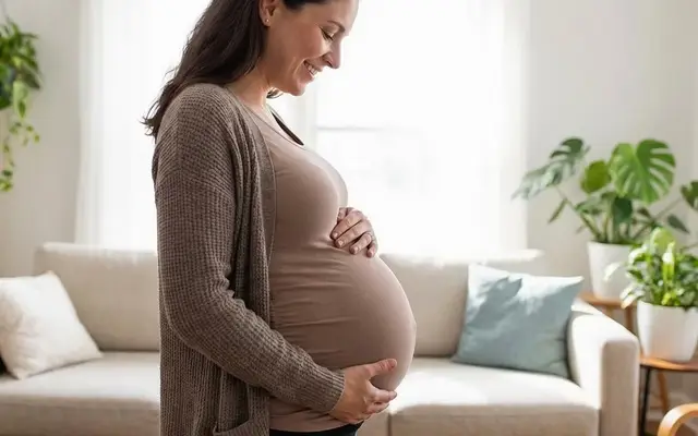 Femme enceinte assise au calme, la main posée sur son ventre