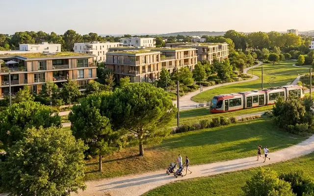 Rue de Montpellier traversée par le tramway, entre immeubles et arbres